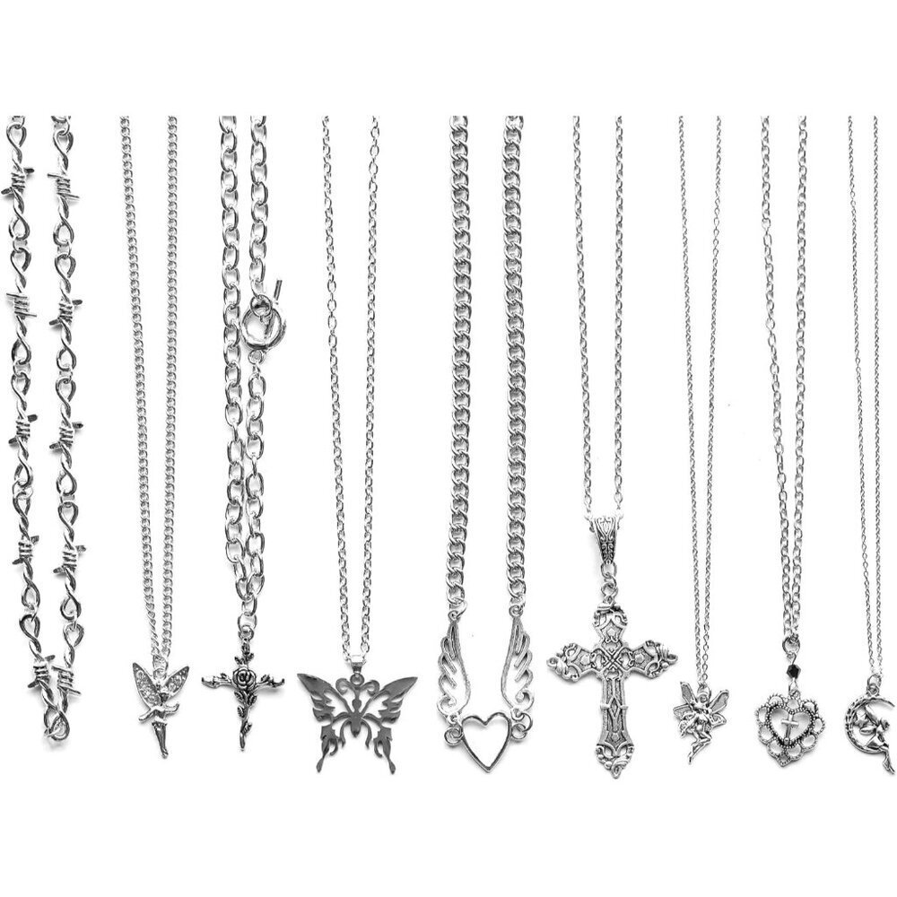 9 Pcs Gothic Necklace Set Zinc Silver Choker Pendant Vintage Dark Fashion